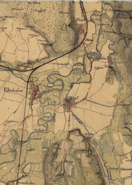 Historische Karte der heutigen Gemeinde Biessenhofen mit dem Verlauf der Wertach vor der Wertachkorrektur
